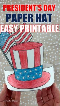 A coloring paper hat printable template for kids to color and use for presidents’ day. If you're looking for easy crafts to celebrate presidents’ day, in the classroom, at school or at home, this paper crown is simple to make for preschoolers, kindergarteners and elementary school aged kids. Use the printable template to make this hat an American flag headband. Make this paper hat for President's Day, Memorial Day, 4th of July and Election Day