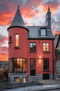 This red brick house features a stone base that adds a solid and textured foundation, while a round stone tower is attached to one side.