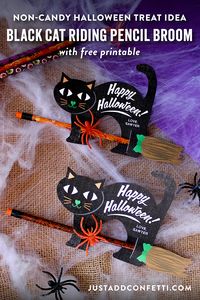 Black Cats Riding Pencil Brooms: Non-candy Halloween Treat Idea