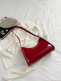 Burgundy  Collar  PU Leather Plain Baguette Bag Embellished   Women Bags