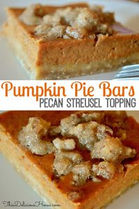 Pumpkin Pie Bars with Pecan Streusel Topping are a great pumpkin pie alternative. Made in a sheet pan, these tasty pumpkin pie bars are perfect for feeding a crowd. #pumpkinpiebars #pumpkinbars