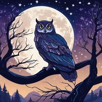 Immerse yourself in the tranquil beauty of our AI-Generated Serene Night Sky Owl Art Print. This enchanting digital artwork captures a majestic owl perched gracefully on a tree branch, enveloped by a glowing constellation of stars and a radiant full moon. The owl's feathers are intricately detailed in shades of brown and white, set against a mesmerizing night sky awash with deep blues and purples. The solid midnight blue background enhances the nocturnal ambiance, making this piece a perfect add