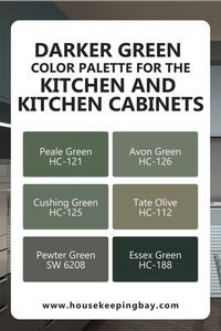 These colors are pretty dark and deep, which is why you must use them carefully not to overload your kitchen with the color. However, as an accent color, each of them will work great! Peale Green HC-121 Cushing Green HC-125 Avon Green HC-126 Tate Olive HC-112 Pewter Green SW 6208 Essex Green HC-188 Except for the cabinets, you can use these colors on your kitchen backsplash or drawers. In some cases, they can even be used for painting a kitchen island (e.g., BM Essex Green)!