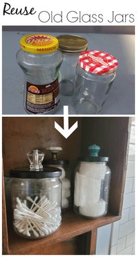 Save your glass food jars! This is a great way to store supplies and reuse. Plus, tons of other ideas on how to reuse glass jars for other purposes as well.