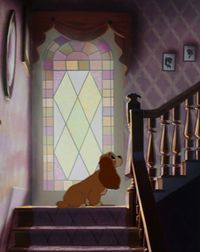 Lady & the Tramp, Lady on the stairs. Reminds me of my dog just sitting and waiting