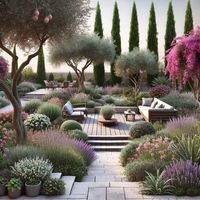 🌸 Mediterranean elegance at its finest! Step into this stunning outdoor space where lush greenery meets calming lavender and perfectly placed seating for ultimate relaxation. Bring this timeless style to your home and unwind in nature's embrace. 🌿