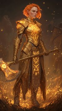 A beautiful woman warrior stands poised against charred terrain, her short orange hair catching sparks of glowing embers. Gleaming golden armor etched with molten runes fits her athletic form, and a massive axe with a radiant blade rests confidently in her grasp. Her piercing gaze and firm stance suggest unwavering courage. This woman drawing aesthetic portrayal aligns with woman warrior aesthetic themes—strength and elegance combined. Flames flicker dimly in the background, illuminating scorched ruins. The aesthetic blends metal and flame, forging an image of fierce grace and determined resolve amid lingering heat and ash.