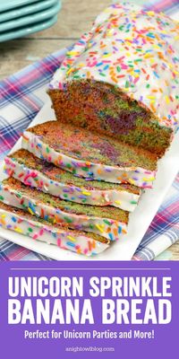 Perfect for Unicorn Breakfasts, Unicorn Parties, National Unicorn Day and more, bake up a batch of this delicious and fun Unicorn Banana Bread! #Unicorn #BananaBread #Recipes