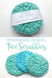 A set of crocheted cotton face scrubbies makes a great gift. They are a really quick project to make and are a great way to use up leftover cotton yarn. Free crochet pattern along with a bonus Cricut file to create a paper wrap to package the set.