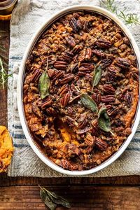 Bourbon Sweet Potato Casserole with Sweet n Savory Bacon Pecans | halfbakedharvest.com #sweetpotatoes #thanksgiving #casserole