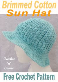 Free crochet pattern for brimmed sun hat, a pull on hat to protect your head from the sun rays, click the picture and get this easy to crochet pattern on crochetncreate.com