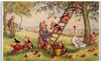 "Read the image for the full description and condition.  Not posted.  Engraved and printed in Great Britain.  Wonderfully illustrated. By Molly Brett, copyright The Medici Society Ltd, London. Human-like animals (anthropomorphic) PICKING APPLES with pigs, piglets, donkey and goose in the illustration. Size (approx.):3.375 in x 5.375 in  From the web:  Molly (Mary Elizabeth) Brett grew up in Surrey, Great Britain, surrounded by animals and nature. Her mother, Mary Gould Brett, was a respected ani