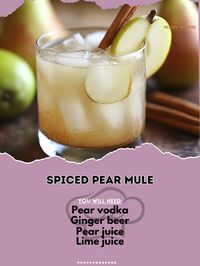 🍐 Sip into the season with a Spiced Pear Mule—crisp, spicy, and oh-so-refreshing! 🍹✨ #PearCocktail #MuleMadness Spiced Pear Mule Ingredients: Pear vodka (2 oz) Ginger beer (4 oz) Pear juice (1 oz) Lime juice (1/2 oz) Ice (as needed) Pear slice (for garnish) Cinnamon stick (for garnish) Instructions: In a glass, combine pear vodka, pear juice, and lime juice. Fill with ice and top with ginger beer. Stir gently and garnish with a pear slice and cinnamon stick. 🍹 "Cheers to the perfect fall ...