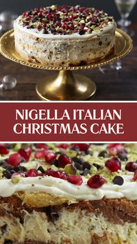 Nigella Italian Christmas Cake recipe is made with panettone, tuaca liqueur, eggs, sugar, mascarpone cheese, double cream, marsala, marrons glacés, chocolate chips, pistachios, and pomegranate seeds this recipe takes 30 minutes to prepare and serves 12 people.