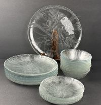 "Assortment of Arcoroc Canterbury Crocus Glass Dinner, Torte/Chop, and Salad Plates and Bowls. Beautiful ornate floral glass dinner plates that are great for using to entertain for any occasion. These pieces work for the holiday season as well as the spring and summer.  This listing is for bundle sets of one type of servingware/dinnerware. Each bundle serves as one option. Need only Dinner plates or an entire place setting...you can find it here. The measurements for each piece includes: Dinner