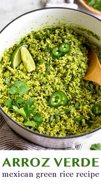 Spice up your next meal by making Arroz Verde, or Mexican green rice! White rice cooked in a green broth consisting of blended jalapeños, poblanos, cilantro, parsley, onion, and garlic. It makes a flavorful and delicious side dish to any Mexican meal or any protein and veggie. - Eat the Gains #mexicanrice #greenrice #arrozverde #mexicansidedish #mexicanrecipe #vegan