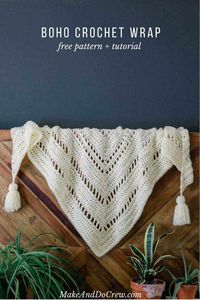 The intriguing repeat of basic stitches in this chunky crochet triangle scarf will hold the interest of beginning and more experienced crocheters alike. Great boho crochet pattern!