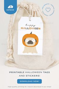 Printable Pug and Pumpkin Happy Halloween Stickers or labels Tags 🎃❤ These dog Halloween tags are perfect for treat bags, favors, or gifts! For children's gifts or for treats for the neighborhood dogs 🐶 Ideal for Halloween goody bags, Halloween student gifts, and Halloween party favors. 🤍 You will receive the design in two sizes: 2x3" and 2.66x4", for different packaging options, and for use as either tags or stickers! 🤍Complete your HALLOWEEN KIT! Explore more in https://korocko.etsy.com