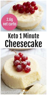 This creamy keto microwave cheesecake cooks in less than 90 seconds! It's perfect if you want a quick and easy sugar free dessert. It is crustless and has only 2 net carbs per portion. Serves 2. I've given plenty of topping ideas and recipe variations for this mug cheesecake in the post. Enjoy! #ketomugcake #ketocheesecake 