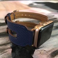 Space Blue Apple Watch Double Buckle Leather Cuff by Juxli Home.  Handmade, stylish leather strap with rose gold hardware on a 40mm Apple Watch #juxlihome #applewatchstrap #applewatchband #applewatchcuff #applewatchbands #applewatchseries4