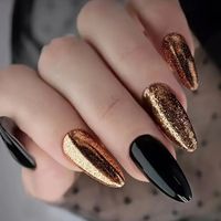 Long Almond Press On Nail. 24 Pcs Set. Jelly Stickers File Nail Color : Black , Golden Nail Length : Middle Nail Shape : Almond Shaped Provided By Hongxixi Imported