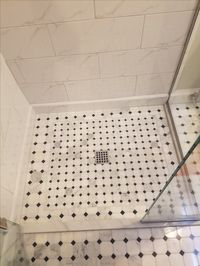 carrera marble  Floor is Hampton Evanston  2 inch octagon borderless inlaid in  Hampton Hermosa Polished Octagon Marble Mosaic Tile - 3 x 3…in shower Hampton Carrara Threshold Custom baseboards made from Calacutta Bianco Gloss 8 x 20 tiles