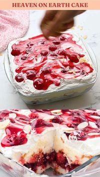 Heaven on Earth cake describes this delicious trifle-esque dessert perfectly. Moist angel food cake topped with tart cherry pie filling, creamy pudding, and lightly whipped cream makes this cake out of this world!