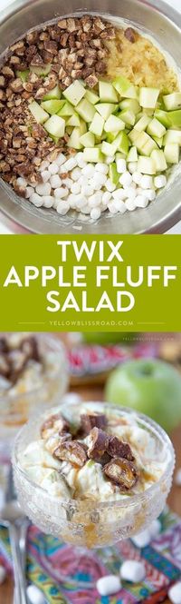 Twix Apple Fluff Salad - with pineapple, caramel, marshmallows in a yummy vanilla Cool Whip dressing! Perfect dessert salad for picnics or potlucks!