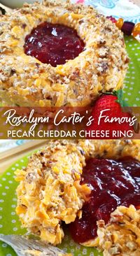 Pecan Cheddar Cheese Ring with Strawberry Preserves | Rosalynn Carter’s vintage appetizer recipe for a pecan and cheddar cheese ring with a slight hint of heat with strawberry preserves in the center served with crackers.