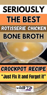 Looking for the absolute best homemade rotisserie chicken bone broth recipe? Look no further. Make your own healthy and delicious chicken bone broth in your crockpot at home with this easy recipe. Simply gather the healthy ingredients needed and simmer slowly in a crock pot, instant pot or other slow cooker. There are so many incredible bone broth benefits including: Bone broth is low calorie, rich in amino acids, and it provides satiety, hydration and electrolyte balance. Discover how adding this gut-healing bone broth recipe to your diet can really up your health and weight loss game.