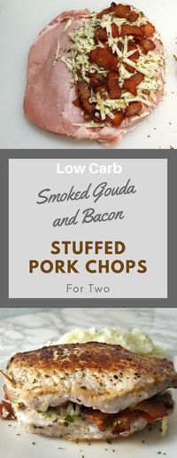 Smoke Gouda and Bacon Stuffed Pork Chops are pan fried golden brown thick savory pork chops filled with melted smoked Gouda cheese and crisp bacon. This recipe is easy, low carb, and quick, ready in just 30 minutes. It makes an impressive lunch or dinner for two. Try it for date night or Valentine’s Day. #PorkChops #SmokedGouda #bacon #StuffedPorkChops #DinnerForTwo #LunchForTwo #RecipesForTwo #ValentinesDay #DateNight #LowCarb