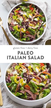 This paleo Italian salad is one of my very favorite paleo salads: loaded with radicchio, roasted garlic, olives, bright and spicy peperoncinis, salami, sun-dried tomatoes, and more. Such a great paleo dinner, paleo salad, or paleo side dish! Seriously, this paleo Italian salad will become a staple in your meal plan. #paleo #salad