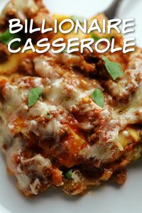 Billionaire Casserole–the most delicious, decadent layered pasta casserole. With layers of old fashioned wide egg noodles, beefy roasted garlic sauce, cream cheese, mozzarella and more you’re going to be asking for “more please!”