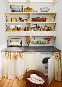 like the shelves - needs sink in the middle and no weird curtains!