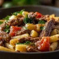 This Philly Cheesesteak Pasta is a delicious twist on the classic Philly cheesesteak sandwich. With savory ground beef or steak strips, sautéed bell peppers, and onions, it’s all combined in a creamy sauce made from cream cheese and beef broth. Topped with melted provolone cheese, it’s a comforting and hearty dish the whole family will love. It’s easy to make and comes together in under 30 minutes, making it the perfect weeknight dinner.