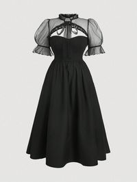 Vestido de talla grande de estilo vintage tipo palacio con corpino de corset de 2 en 1, con mangas abullonadas y lazo, con abertura, adecuado para citas y cumpleaños Negro Elegante  manga corta Tela tricotada Color combinado,Liso A línea Estiramiento medio  Women Plus Clothing, size features are:Bust: ,Length: ,Sleeve Length: