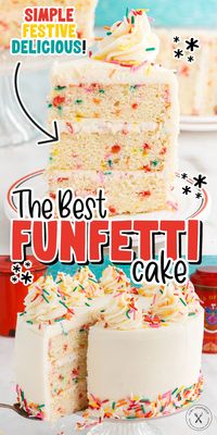 This homemade funfetti cake recipe is so simple to make, only requires pantry staples and rainbow sprinkles! Its a buttery vanilla cake, with flakes of color throughout and topped with a from scratch vanilla buttercream frosting.