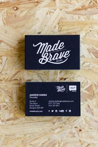 Black, white and teal matte quadplex business cards for MadeBrave® creative agency, Glasgow.