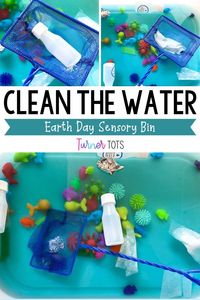 Looking for a fun activity for your Earth Day weekly lesson plans? Look no further than the clean the water sensory bin! This Earth Day sensory bin will help your little ones learn about the importance of clean water while working on fine motor development. Scoop the trash out of the water with this fine motor activity. See this and more Earth Day activities at turnertots.com.