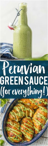 Peruvian Green Sauce (Aji Sauce) is our go-to sauce for anything and everything. We love this Peruvian Green Sauce Recipe on chicken, steak, grilled veggies, salad, and more. SO DARN GOOD. Aji Verde (Green Sauce) is loaded with jalapenos, basil, parmesan, ginger, honey, garlic, lime, and more!