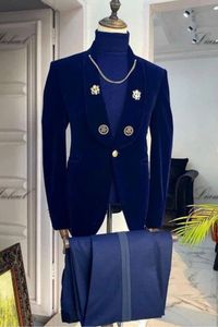 Allaboutchic also accepts custom measurement. So if you want the suit with your own size, please contact us. Color: Dark Blue Button: Single Breasted Occasion: Prom, Wedding, Business Neckline: Shawl Lapel Material: Velvet Pattern: Solid Piece: 2 Piece Pocket: With Flap