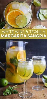 In this drink recipe, margaritas and white wine sangria collide into one perfect cocktail! Fill a pitcher with a bottle of dry white wine, tequila, triple sec, fresh orange juice, fresh lime juice, and a few stems of cilantro and let it it chill for a few hours. Then pour over ice and serve! | margarita sangria recipe | margarita sangria punch | how to make sangria margarita | party drink recipes alcoholic | alcoholic drink recipes | sangria with white wine | sangria with tequila recipe