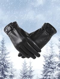 Black  Collar  PU Leather Plain Full Finger Gloves Embellished   Women Accessories