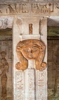 The minor temple at Abu simbel is dedicated to the great wife Nefertari Mery-en-Mut (beloved by Mut) for whom the sun shines, associated with Hathor, goddess of royal maternity.The vestibule has six pillars with hathoric capitals, once again underlining the connection between Nefertari and the goddess Hathor.