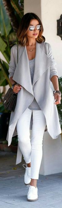 Grey Plain Belt Pockets Turndown Collar Long Sleeve Trench Coat - Outerwears - Tops