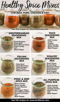 Homemade spice blends can add wonderful flavor to a variety of recipes. It’s so easy to make these spice mixes yourself – a lot cheaper too! Here are six spice blends to season any pork, chicken, or beef dish. You can also use them in soups, a stir fry, and so much more.