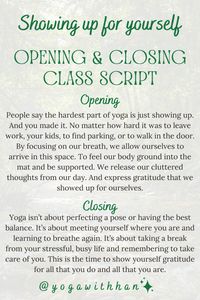 Allow your students to arrive and appreciate the time and space they have intentionally carved out of their day. Explore Yoga with Han's curated Opening and Closing Scripts designed to foster awareness and thoughtful breath. Guide your students through a release of their day and an awareness of their practice. 🌿🧘‍♀️ #Hereandnow #StressRelease #Breathe"