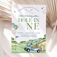 This adorable Golf Hole In One 1st Birthday Boy birthday invitation features a rolling golf course, with blue golf cart and bag, and a super cute HOLE IN ONE Header. Optional backing also included!  This GOLF Birthday Invitation is sure to complete any HOLE IN ONE or GOLF Themed birthday party! By using the easy to use Zazzle software (no download necessary) right in your browser, you simply purchase and personalize all in the same place. It's as easy as that!