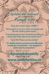 Fantastic updates of Emily's original writing prompts designed to get creative ideas flowing! #PromptsByEmily #WritingPrompts #WritingPrompt #StoryPrompts #WritingInspiration #Prompt #Prompts #StoryStarters #WritingInspiration #Prompt #Writing #CreativeWriting #CreativeWritingIdeas #EmilyLarkins #EmilyLarkinsAuthor #Preptober #AmWriting #WritersOfPinterest #ComedyPrompt #FamilyPrompt #TeenPrompt #SciFiPrompt