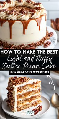 Moist Butter Pecan Cake with creamy frosting. Ideal for fall baking and Southern cake recipes. This easy layer cake is made from scratch with chopped pecans, light and fluffy.